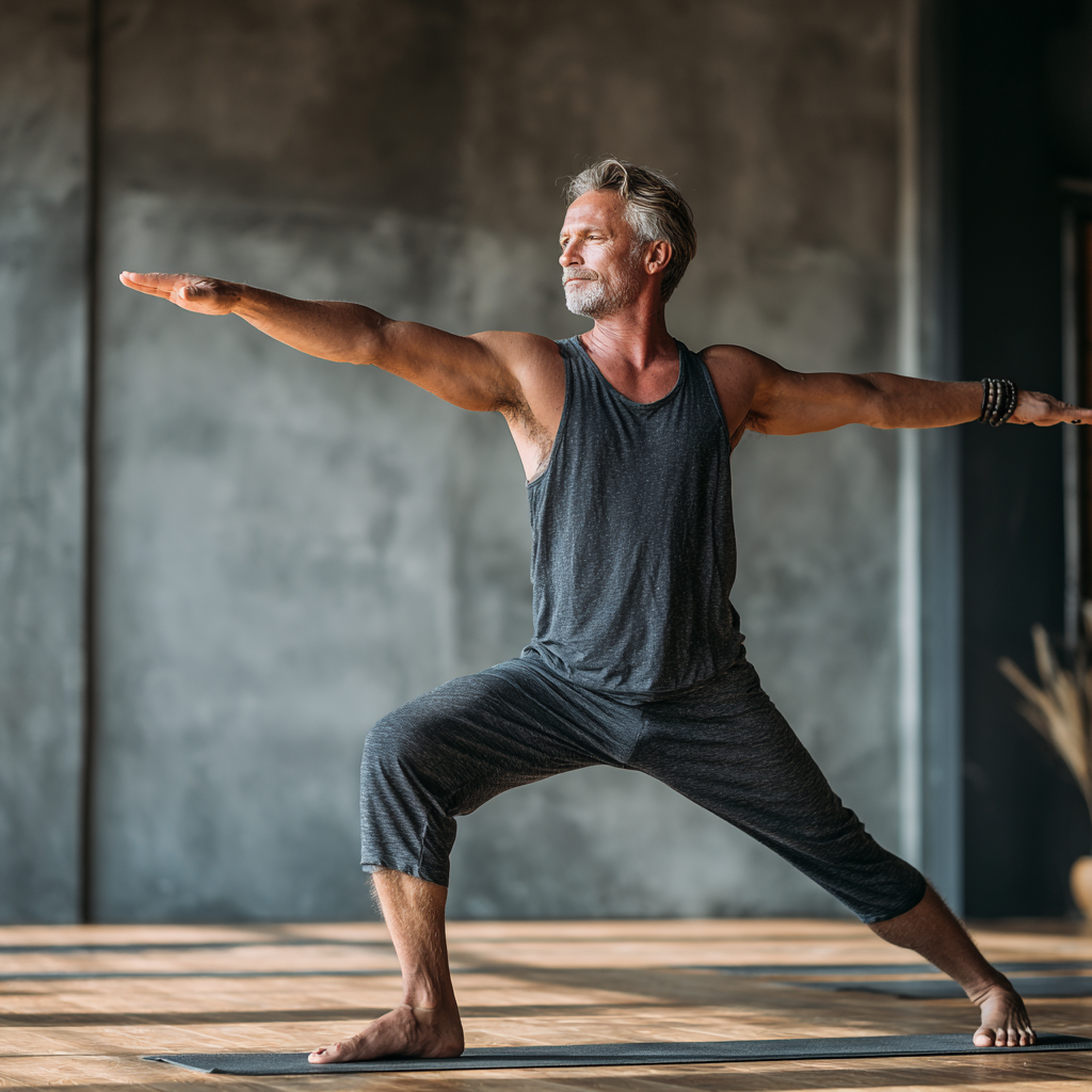 Confident mature man around fifty years old in athletic wear standing in warrior yoga pose on mat, demonstrating strength and balance in bright modern yoga studio with wooden floors