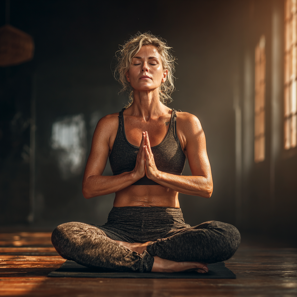 Serene woman in her late forties practicing meditation pose during yoga session, sitting cross-legged with hands in prayer position, eyes closed, wearing comfortable activewear in peaceful studio environment with natural lighting